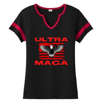 Ultra MAGA Conservative US Flag Ladies Halftime Notch Neck Tee