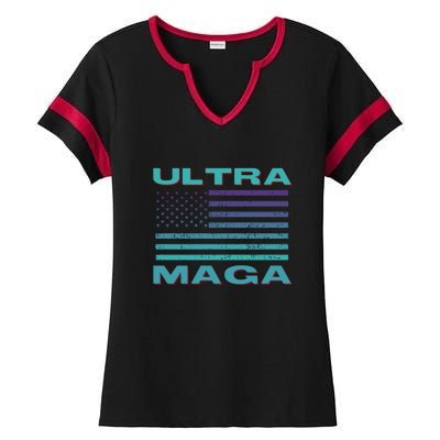 Ultra MAGA Conservative US Flag Ladies Halftime Notch Neck Tee