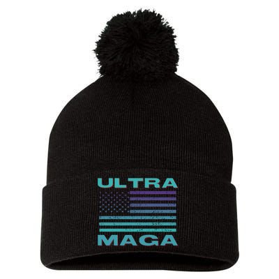 Ultra MAGA Conservative US Flag Pom Pom 12in Knit Beanie