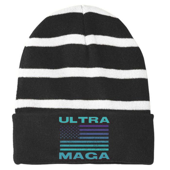 Ultra MAGA Conservative US Flag Striped Beanie with Solid Band