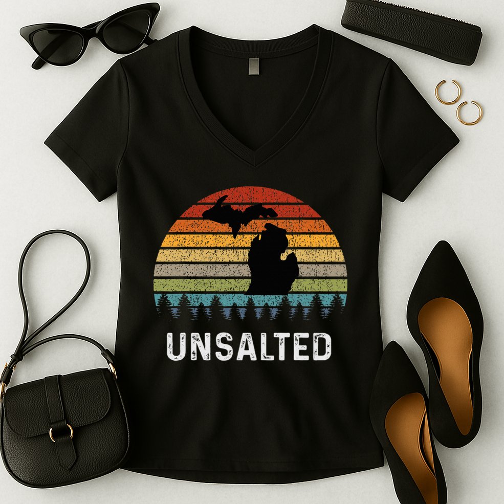 Unsalted Michigan Great Lakes Mi Retro Women's V-Neck T-Shirt