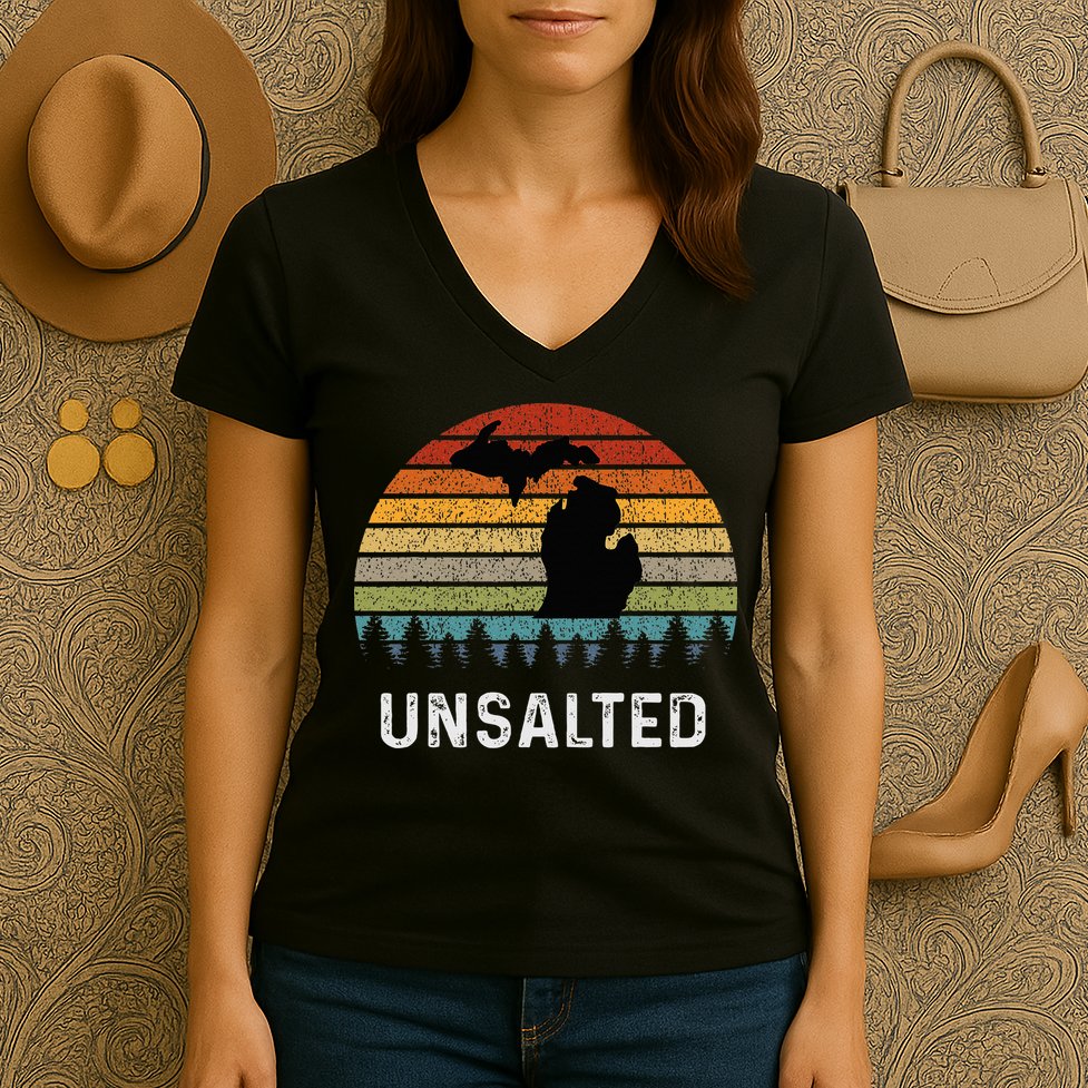 Unsalted Michigan Great Lakes Mi Retro Women's V-Neck T-Shirt