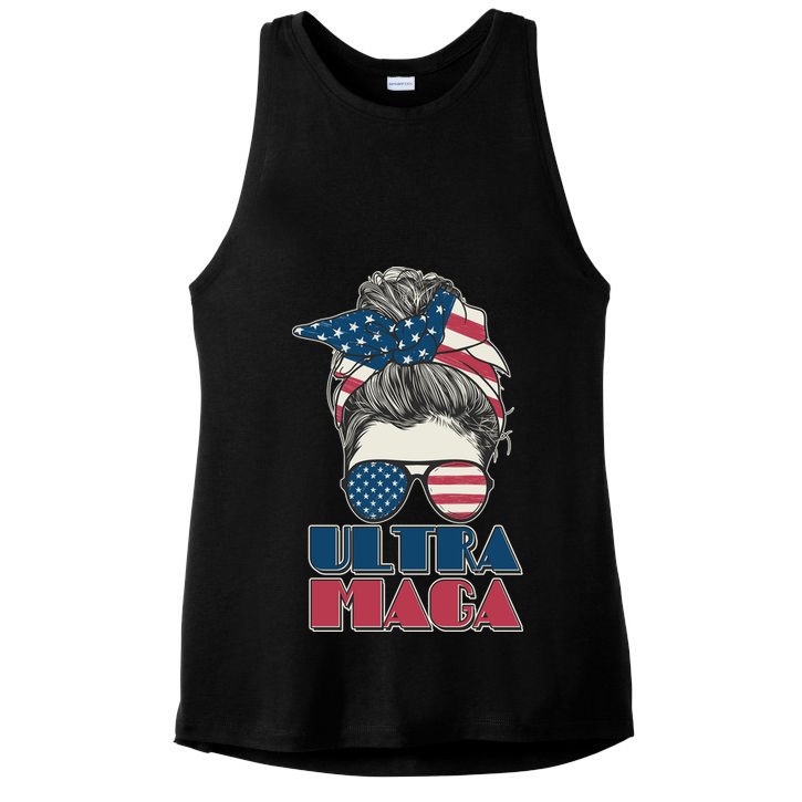Ultra Maga Hair Bun Woman Ladies PosiCharge Tri-Blend Wicking Tank