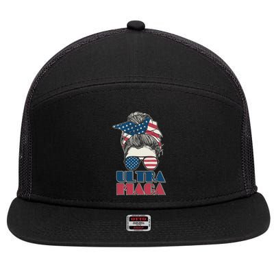 Ultra Maga Hair Bun Woman 7 Panel Mesh Trucker Snapback Hat