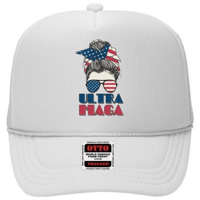 Ultra Maga Hair Bun Woman High Crown Mesh Back Trucker Hat