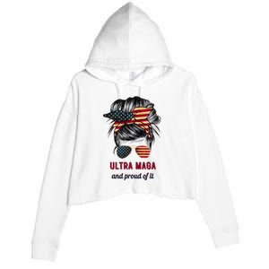 Ultra Maga Mama Girl Gift Proud Messy Bun American Flag Cute Gift Crop Fleece Hoodie