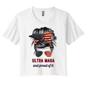 Ultra Maga Mama Girl Gift Proud Messy Bun American Flag Cute Gift Women's Crop Top Tee