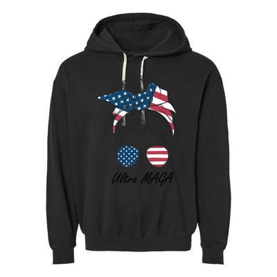 Ultra MAGA Messy Bun Parody Trump 2024 Anti Biden Garment-Dyed Fleece Hoodie