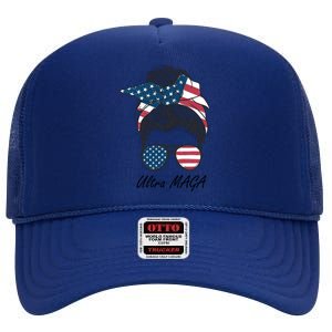 Ultra MAGA Messy Bun Parody Trump 2024 Anti Biden High Crown Mesh Back Trucker Hat