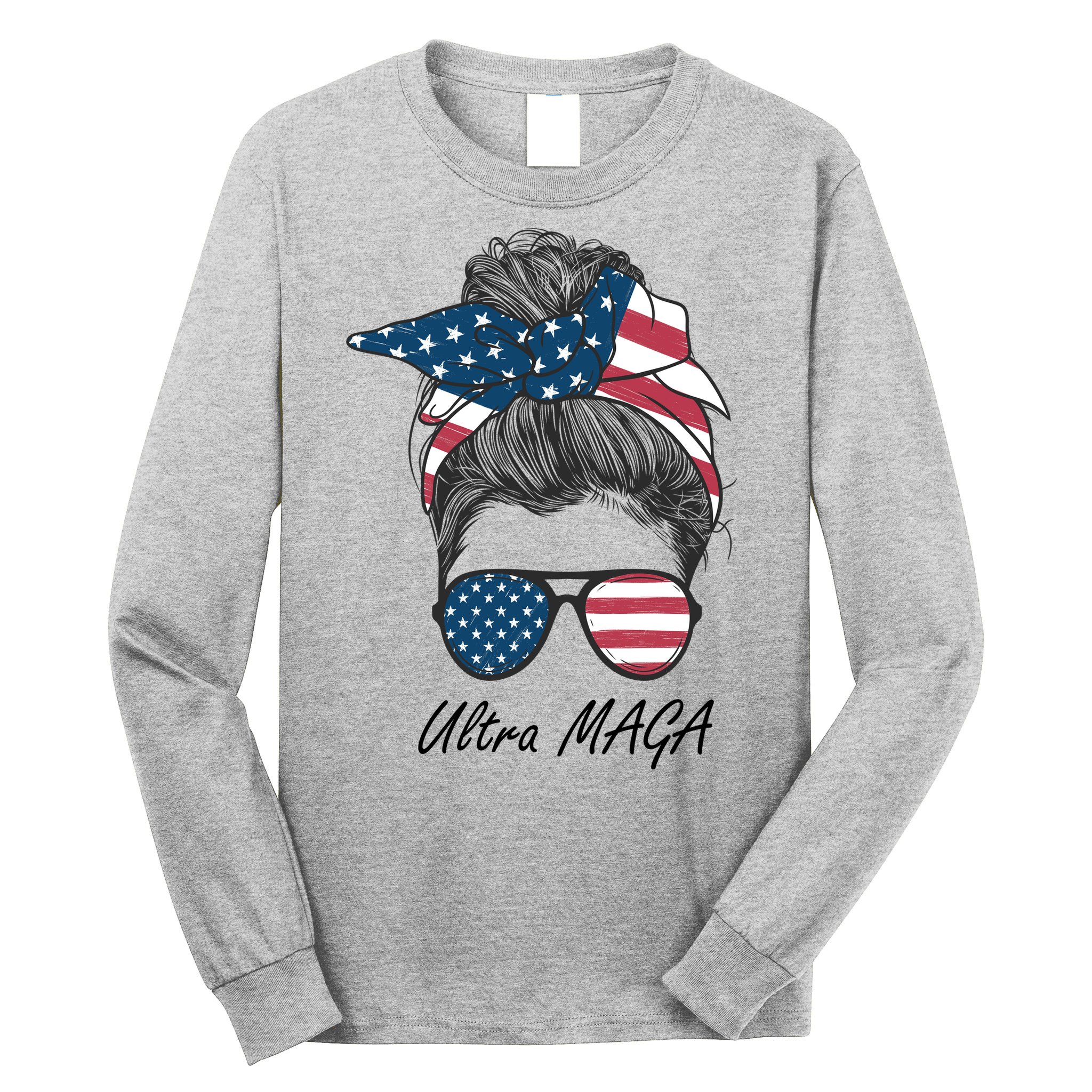 Ultra MAGA Messy Bun Parody Trump 2024 Anti Biden Long Sleeve Shirt