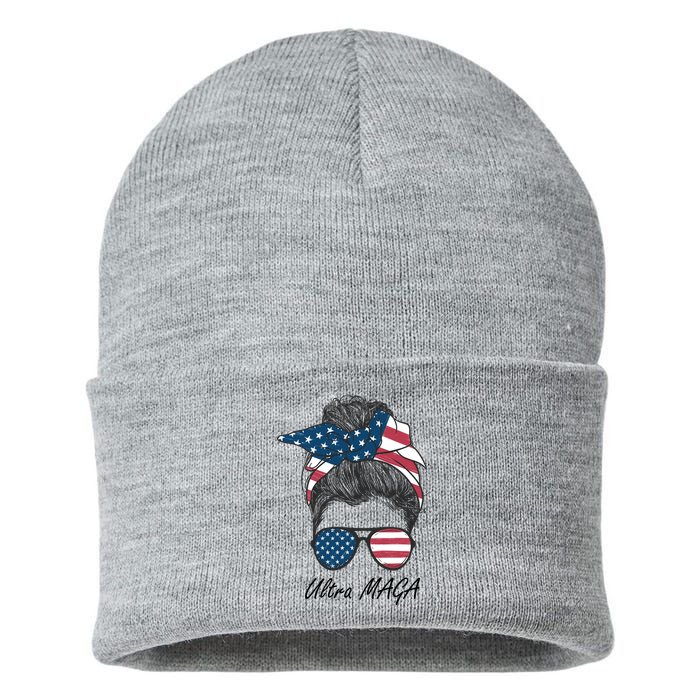 Ultra MAGA Messy Bun Parody Trump 2024 Anti Biden Sustainable Knit Beanie