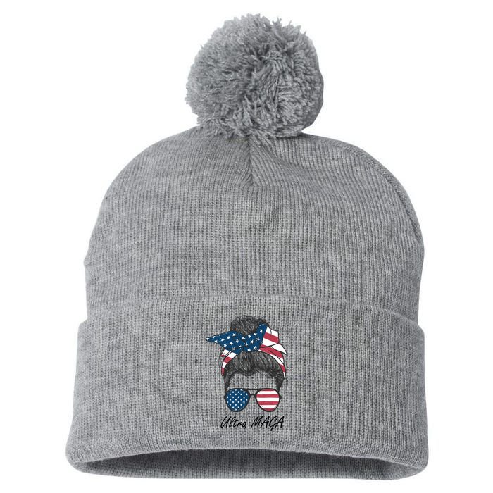 Ultra MAGA Messy Bun Parody Trump 2024 Anti Biden Pom Pom 12in Knit Beanie