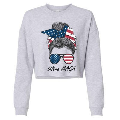 Ultra MAGA Messy Bun Parody Trump 2024 Anti Biden Cropped Pullover Crew