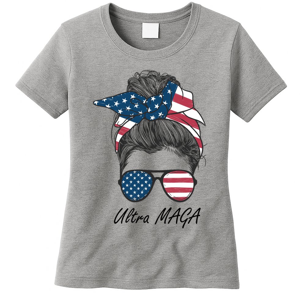 Ultra MAGA Messy Bun Parody Trump 2024 Anti Biden Womens T-Shirt