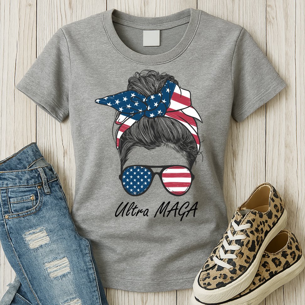 Ultra MAGA Messy Bun Parody Trump 2024 Anti Biden Womens T-Shirt