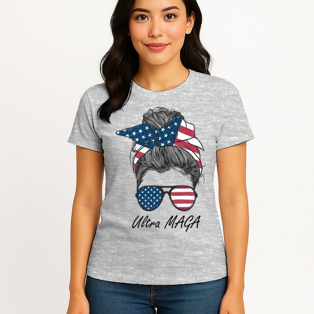 Ultra MAGA Messy Bun Parody Trump 2024 Anti Biden Womens T-Shirt