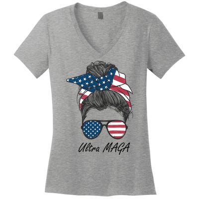 Ultra MAGA Messy Bun Parody Trump 2024 Anti Biden Women's V-Neck T-Shirt