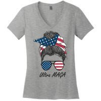 Ultra MAGA Messy Bun Parody Trump 2024 Anti Biden Women's V-Neck T-Shirt