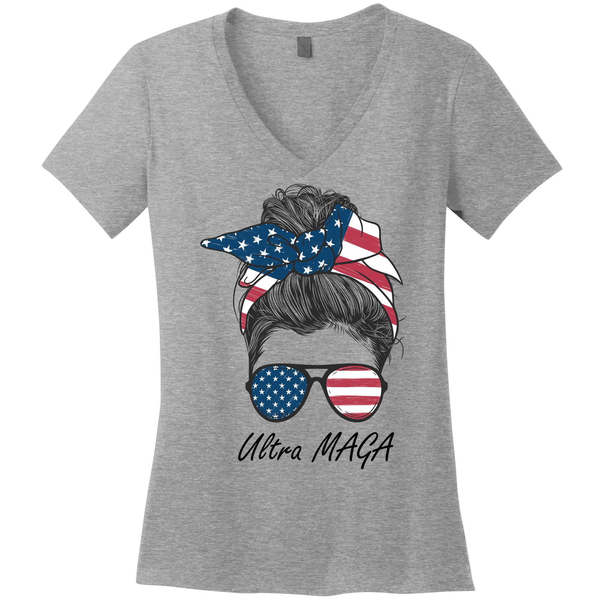 Ultra MAGA Messy Bun Parody Trump 2024 Anti Biden Women's V-Neck T-Shirt