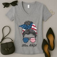 Ultra MAGA Messy Bun Parody Trump 2024 Anti Biden Women's V-Neck T-Shirt