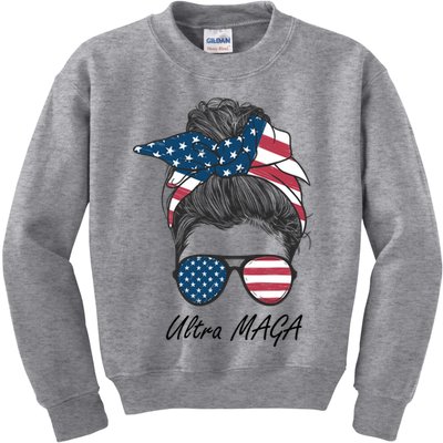 Ultra MAGA Messy Bun Parody Trump 2024 Anti Biden Kids Sweatshirt
