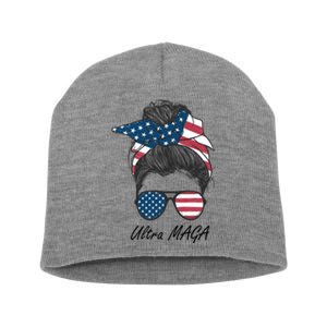 Ultra MAGA Messy Bun Parody Trump 2024 Anti Biden Short Acrylic Beanie