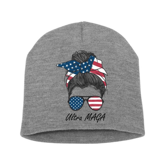 Ultra MAGA Messy Bun Parody Trump 2024 Anti Biden Short Acrylic Beanie