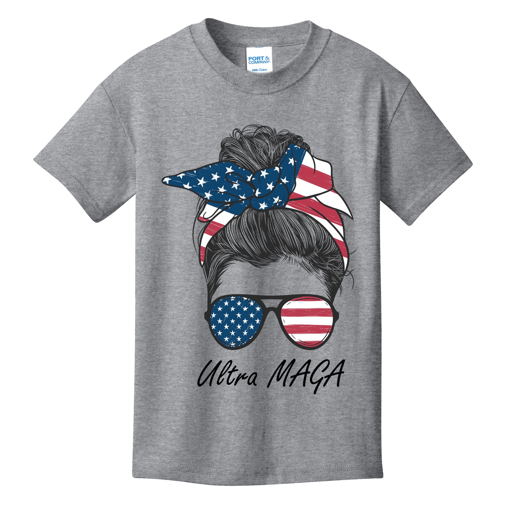 Ultra MAGA Messy Bun Parody Trump 2024 Anti Biden Kids T-Shirt