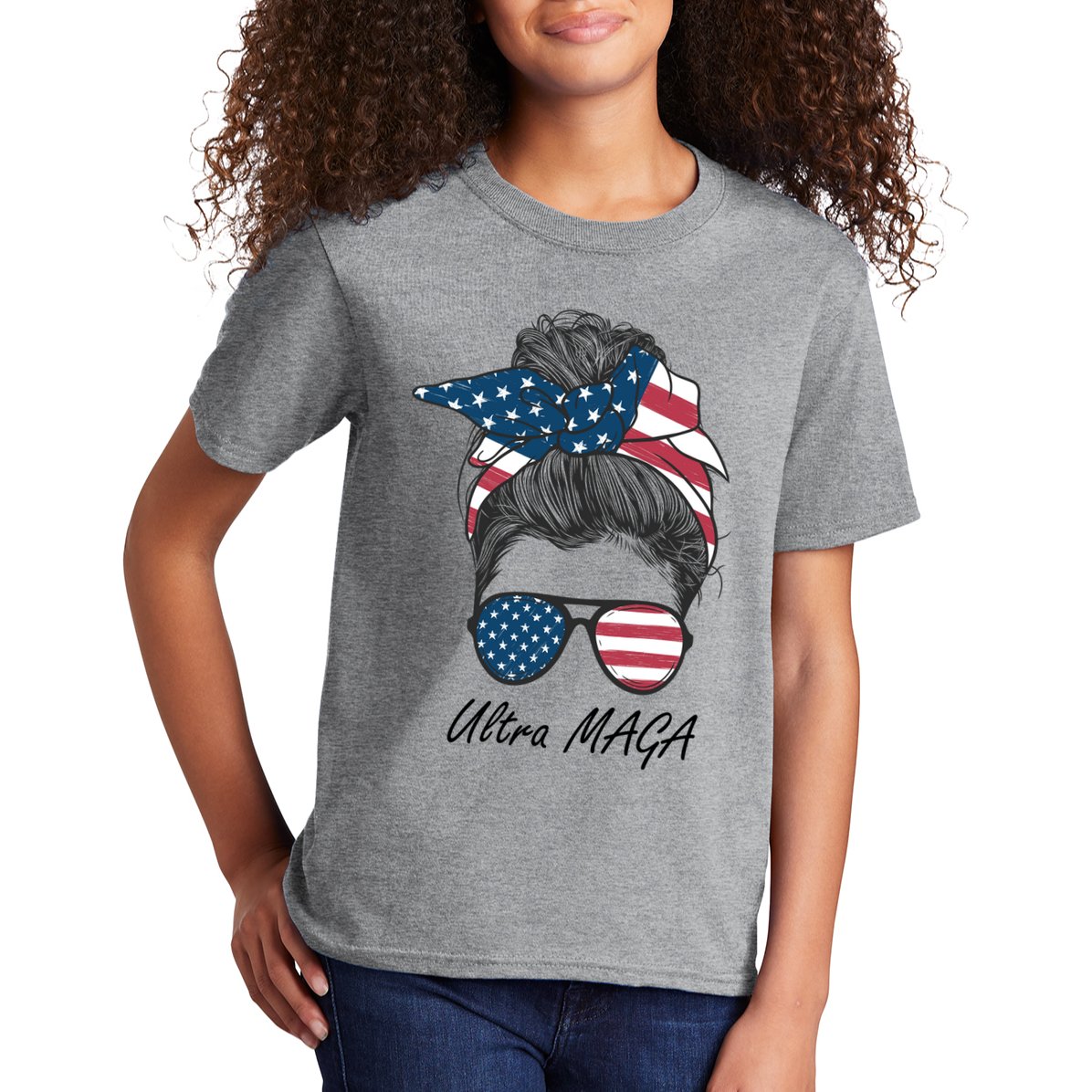 Ultra MAGA Messy Bun Parody Trump 2024 Anti Biden Kids T-Shirt