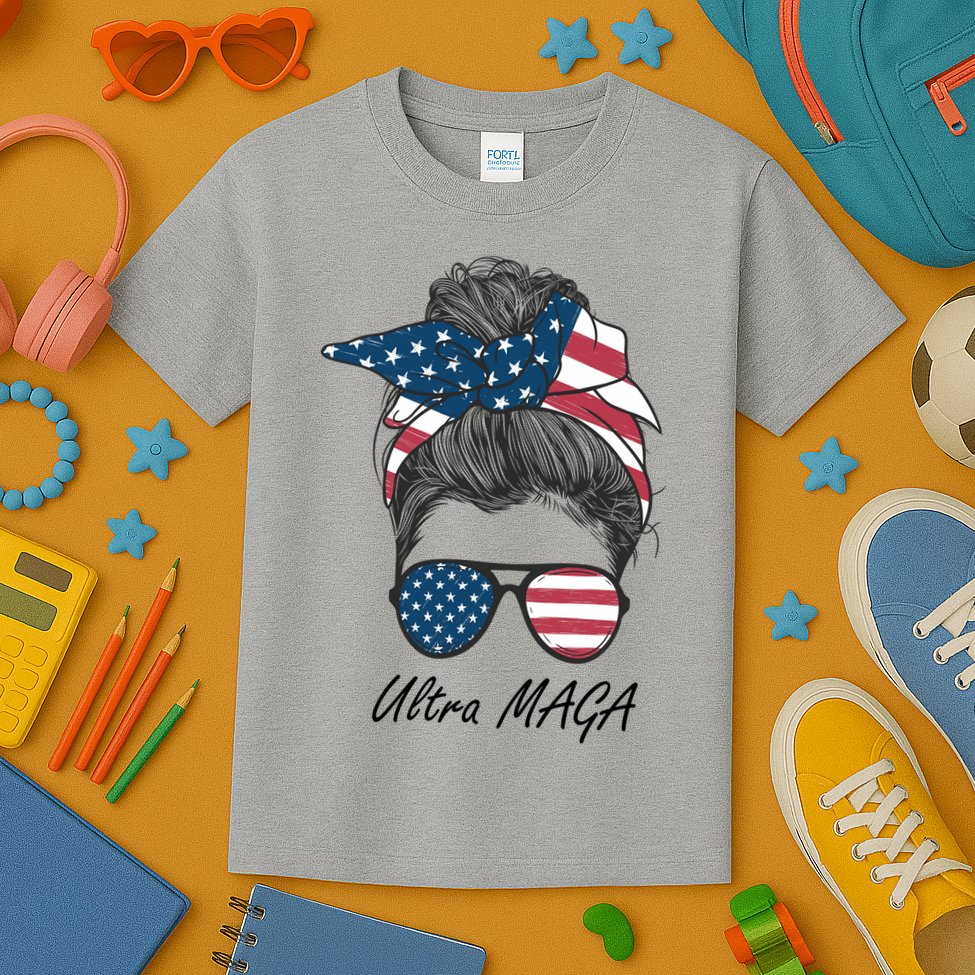 Ultra MAGA Messy Bun Parody Trump 2024 Anti Biden Kids T-Shirt