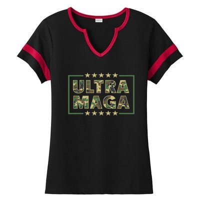 Ultra MAGA Military Camouflage Pro Donald Trump 2024 Ladies Halftime Notch Neck Tee