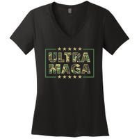 Ultra MAGA Military Camouflage Pro Donald Trump 2024 Women's V-Neck T-Shirt