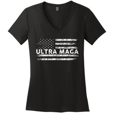 Ultra Maga Proud Ultra Maga Anti Biden Us Flag Pro Trump Women's V-Neck T-Shirt