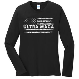 Ultra Maga Proud Ultra Maga Anti Biden Us Flag Pro Trump Ladies Long Sleeve Shirt