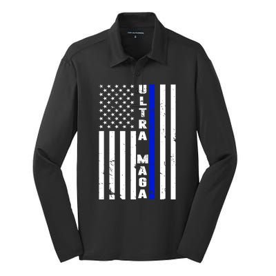 Ultra Maga Police Officer USA Flag Silk Touch Performance Long Sleeve Polo