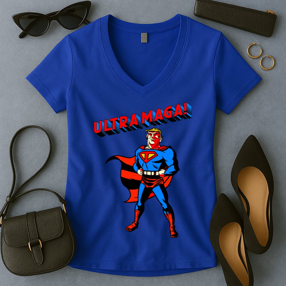 Ultra MAGA Superhero Parody Trump 2024 Anti Biden Women's V-Neck T-Shirt