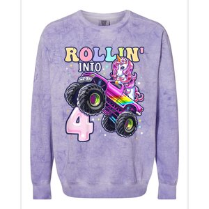 Unicorn Monster Truck 4th Birthday 4 Year Old Party Colorblast Crewneck Sweatshirt