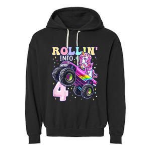 Unicorn Monster Truck 4th Birthday 4 Year Old Party Garment-Dyed Fleece Hoodie