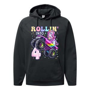 Unicorn Monster Truck 4th Birthday 4 Year Old Party Performance Fleece Hoodie