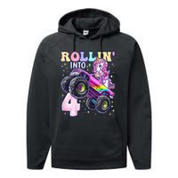 Unicorn Monster Truck 4th Birthday 4 Year Old Party Performance Fleece Hoodie