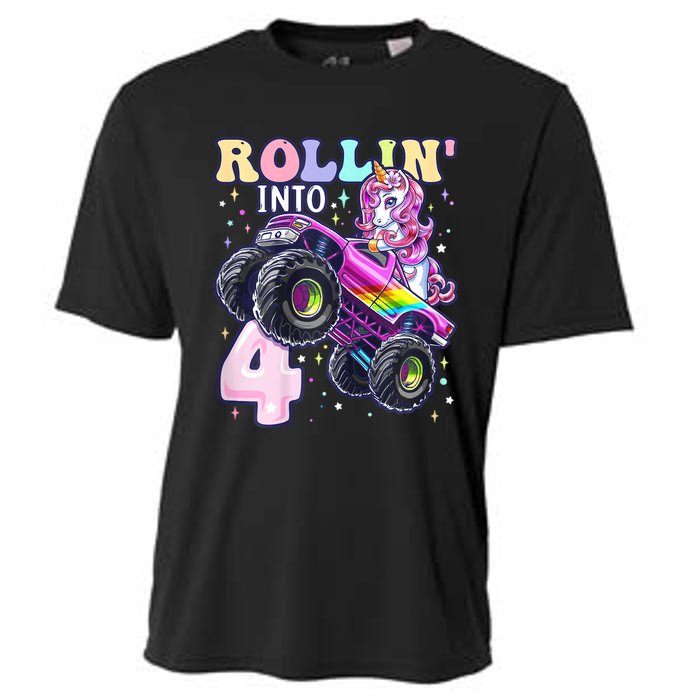 Unicorn Monster Truck 4th Birthday 4 Year Old Party Cooling Performance Crew T-Shirt