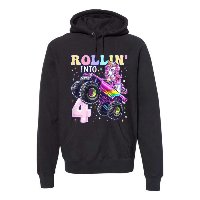 Unicorn Monster Truck 4th Birthday 4 Year Old Party Premium Hoodie