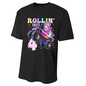 Unicorn Monster Truck 4th Birthday 4 Year Old Party Performance Sprint T-Shirt