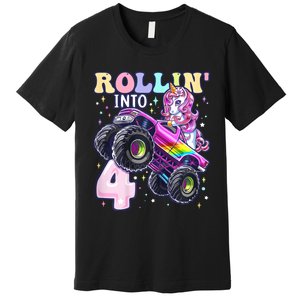 Unicorn Monster Truck 4th Birthday 4 Year Old Party Premium T-Shirt