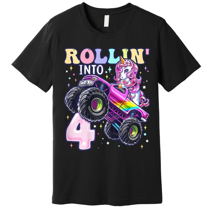 Unicorn Monster Truck 4th Birthday 4 Year Old Party Premium T-Shirt