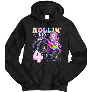 Unicorn Monster Truck 4th Birthday 4 Year Old Party Tie Dye Hoodie