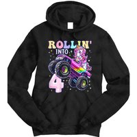 Unicorn Monster Truck 4th Birthday 4 Year Old Party Tie Dye Hoodie