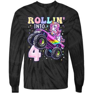 Unicorn Monster Truck 4th Birthday 4 Year Old Party Tie-Dye Long Sleeve Shirt