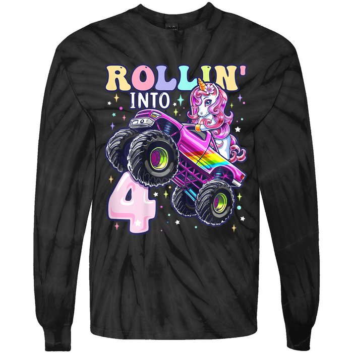 Unicorn Monster Truck 4th Birthday 4 Year Old Party Tie-Dye Long Sleeve Shirt