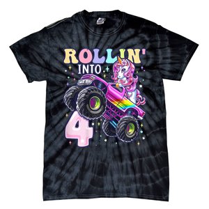 Unicorn Monster Truck 4th Birthday 4 Year Old Party Tie-Dye T-Shirt